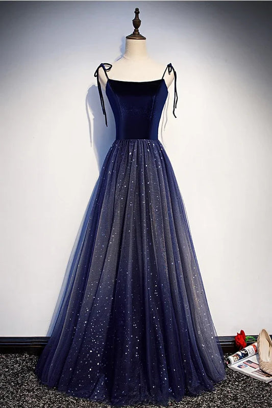 Starry Velvet A-Line Square-Neck Tie-Strap Lace-Up-Back Floor-Length Prom Gown