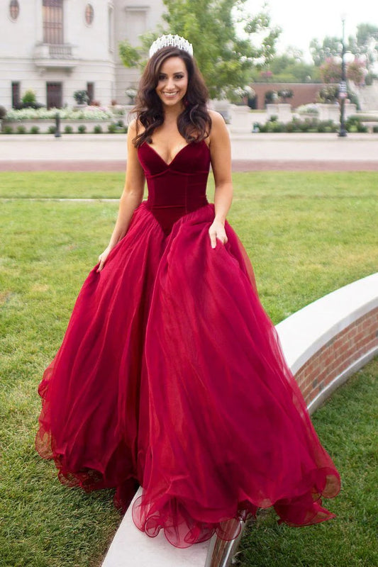 Vestidos de fiesta largos de tul burdeos, sin mangas, con escote en V y corte A hasta el suelo 