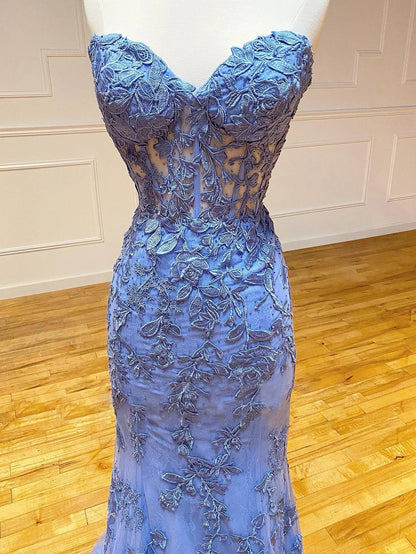 Vestido de fiesta largo de encaje de sirena con apliques