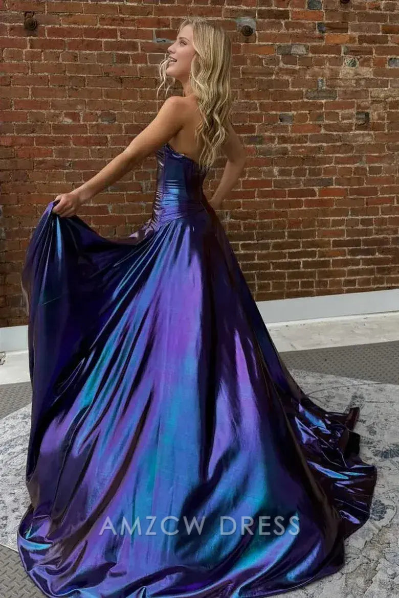 Vestido de fiesta Amzcw sin tirantes, corte imperio, con abertura en la cerradura, plisado y metálico