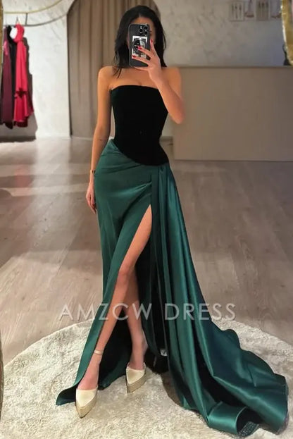 Vestido de fiesta formal Amzcw sin tirantes, corte A, escote redondo, plisado y abertura alta