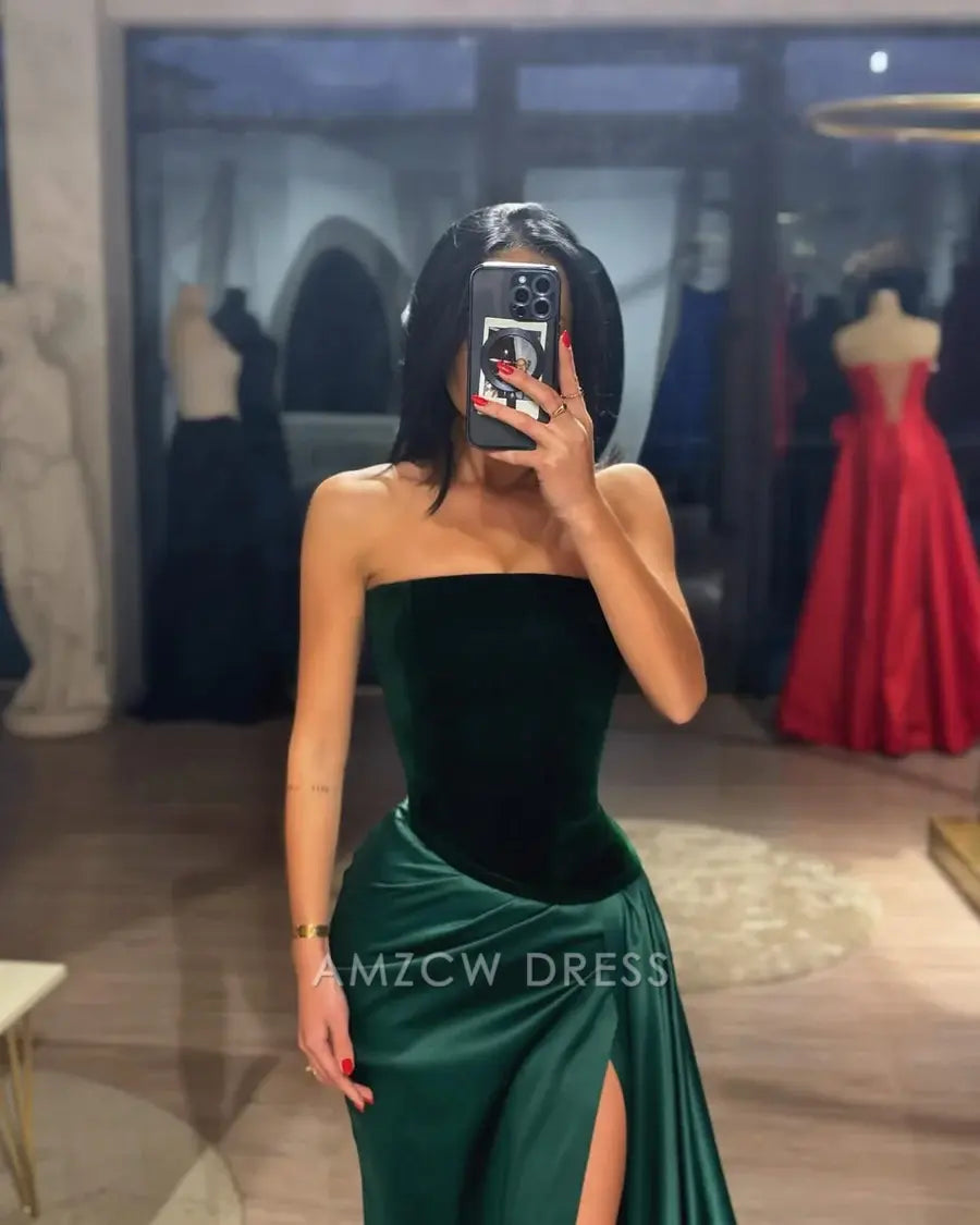 Vestido de fiesta formal Amzcw sin tirantes, corte A, escote redondo, plisado y abertura alta