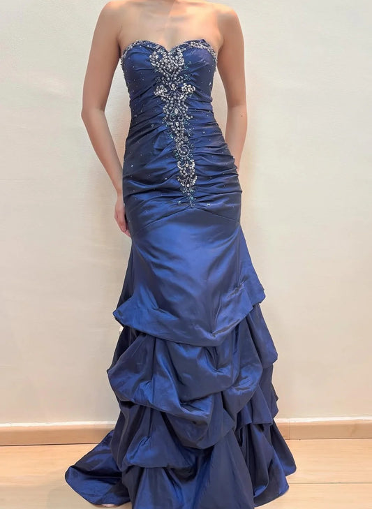 Strapless Beaded Satin Mermaid Prom Dress with Tiered Ruffle Skirt and Lace-Up Back