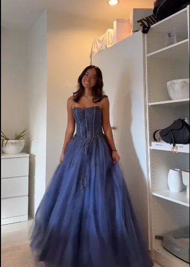 Strapless Beaded Tulle Ball Gown Prom Dress with Lace-Up Back