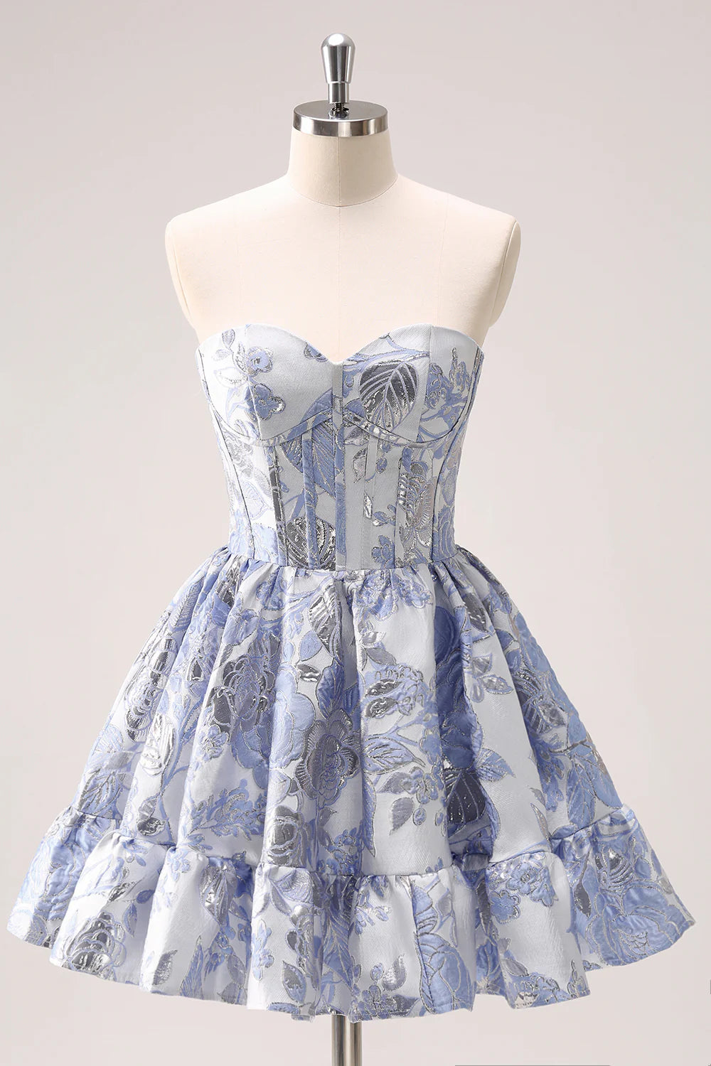 Strapless Blue White Floral Jacquard Homecoming Dress with Sweetheart Neckline, Corset Bodice and Tiered Ruffle Skirt