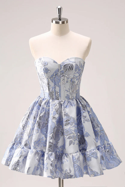 Strapless Blue White Floral Jacquard Homecoming Dress with Sweetheart Neckline, Corset Bodice and Tiered Ruffle Skirt