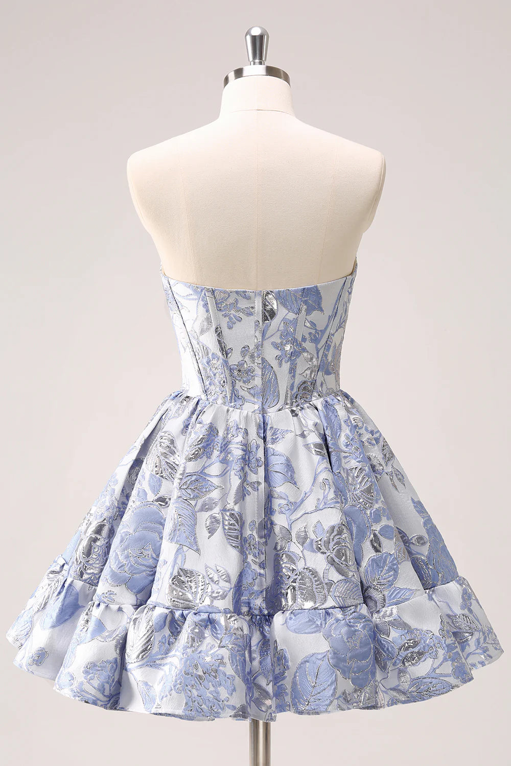 Strapless Blue White Floral Jacquard Homecoming Dress with Sweetheart Neckline, Corset Bodice and Tiered Ruffle Skirt