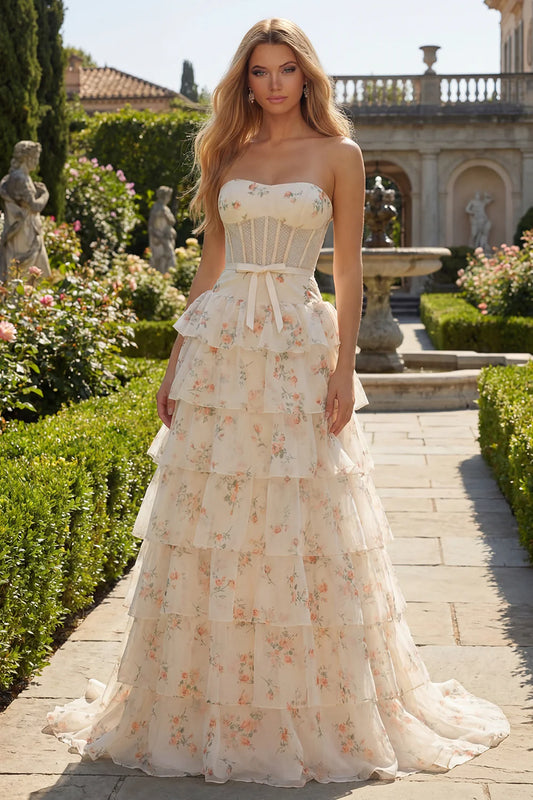 Strapless Champagne Floral Print Prom Dress with Corset Bodice, Beaded Mesh Panel, Satin Waist Bow and Tiered Ruffle Chiffon Skirt