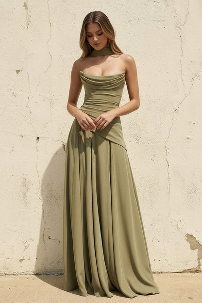 Strapless Choker Neck Corset Lace Up A Line Floor Length Formal Evening Gown For Wedding Guest Homecoming Prom Dress