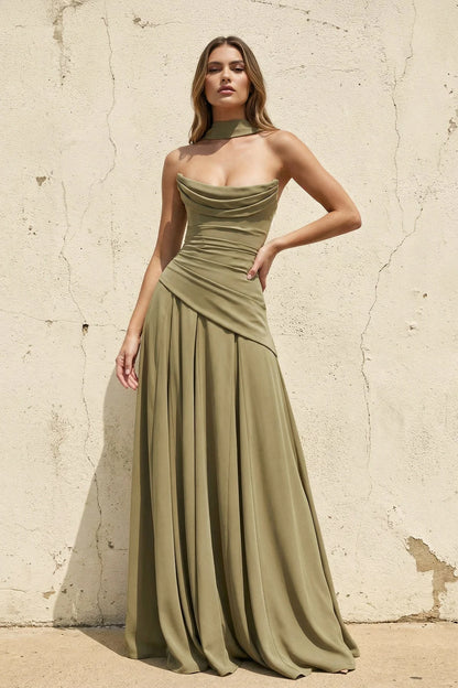 Strapless Choker Neck Corset Lace Up A Line Floor Length Formal Evening Gown For Wedding Guest Homecoming Prom Dress