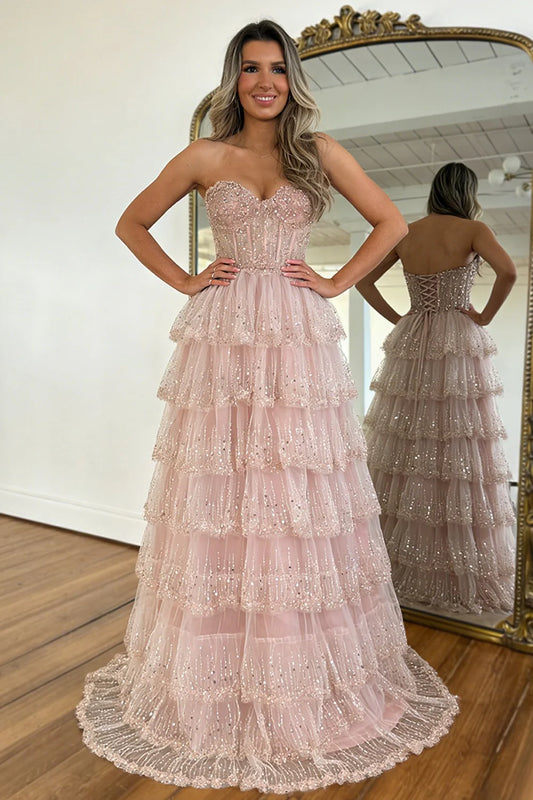 Strapless Corset Sequin Embellished Tiered Ruffled Blush Pink Tulle Ball Gown Prom Dresses