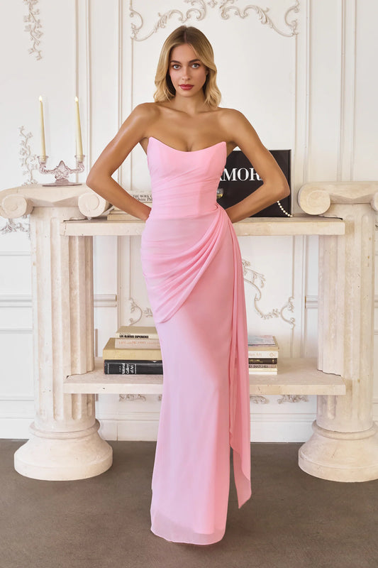 Strapless Draped Sash Lace-Up Back Chiffon Prom Dresses (Hot Pink, Navy, Blush)