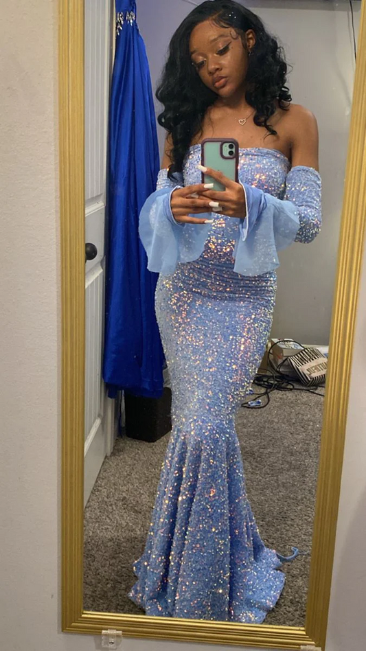 Strapless Iridescent Sequin Mermaid Prom Dress with Detachable Sheer Bell Sleeves and Ruched Bodice