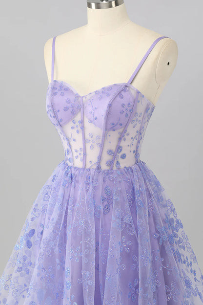 Strapless Lavender Corset Homecoming Dress with Glitter Floral Applique, Lace-Up Back and Sheer Bodice
