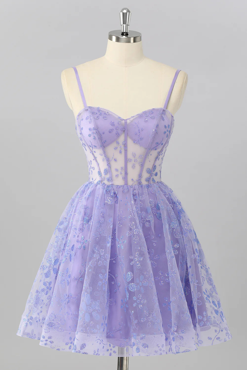 Strapless Lavender Corset Homecoming Dress with Glitter Floral Applique, Lace-Up Back and Sheer Bodice