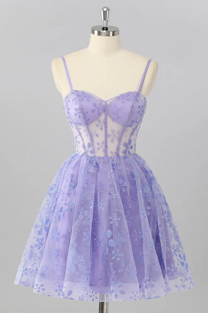 Strapless Lavender Corset Homecoming Dress with Glitter Floral Applique, Lace-Up Back and Sheer Bodice