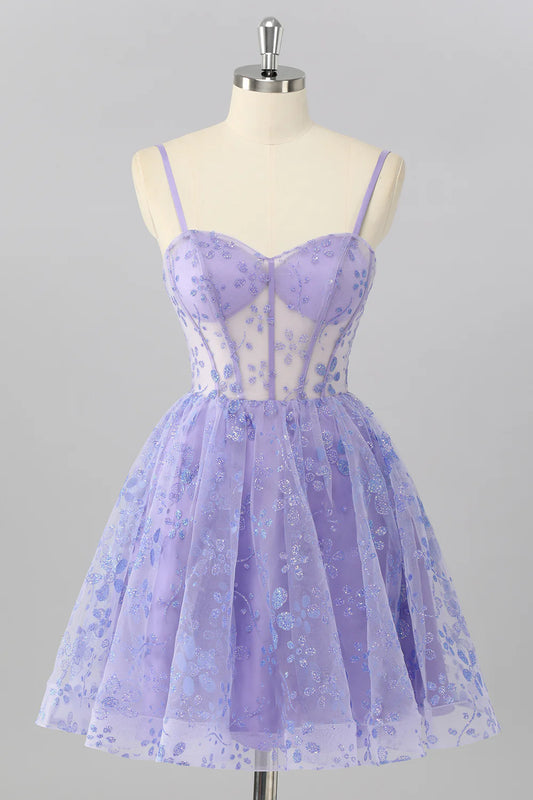 Strapless Lavender Corset Homecoming Dress with Glitter Floral Applique, Lace-Up Back and Sheer Bodice