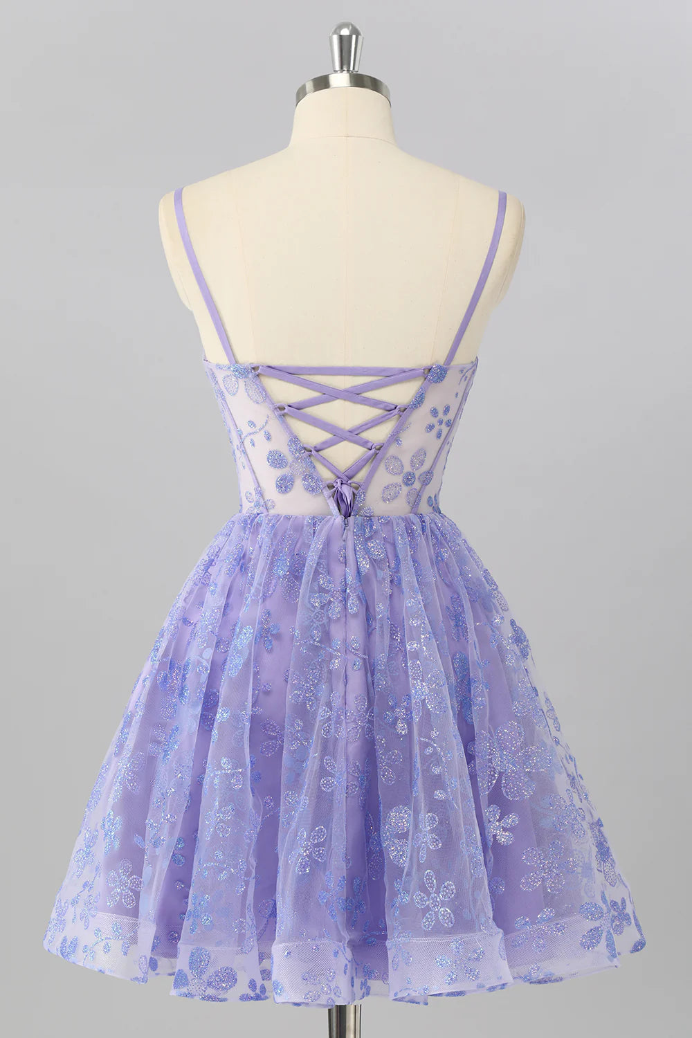 Strapless Lavender Corset Homecoming Dress with Glitter Floral Applique, Lace-Up Back and Sheer Bodice