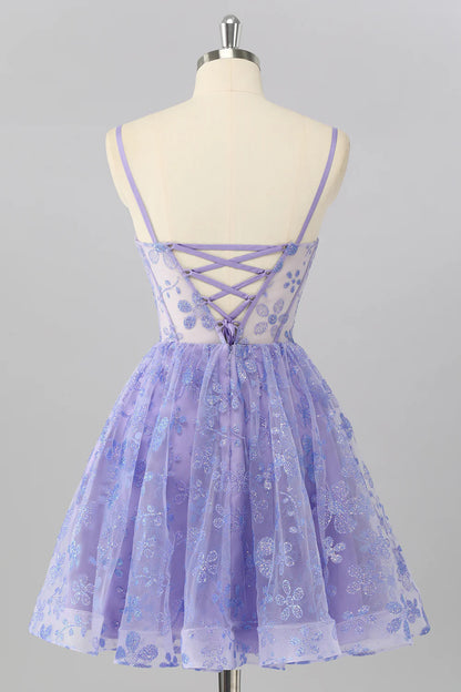 Strapless Lavender Corset Homecoming Dress with Glitter Floral Applique, Lace-Up Back and Sheer Bodice