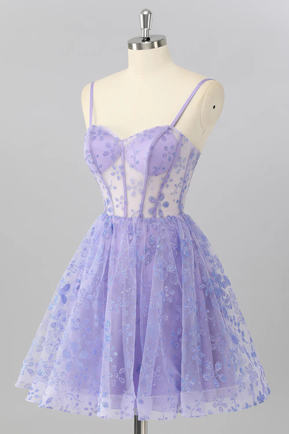 Strapless Lavender Corset Homecoming Dress with Glitter Floral Applique, Lace-Up Back and Sheer Bodice
