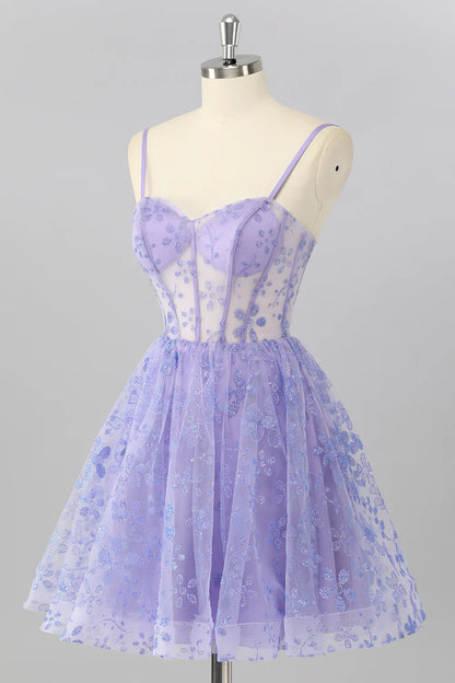 Strapless Lavender Corset Homecoming Dress with Glitter Floral Applique, Lace-Up Back and Sheer Bodice