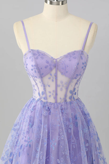 Strapless Lavender Corset Homecoming Dress with Glitter Floral Applique, Lace-Up Back and Sheer Bodice