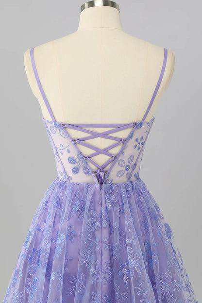 Strapless Lavender Corset Homecoming Dress with Glitter Floral Applique, Lace-Up Back and Sheer Bodice