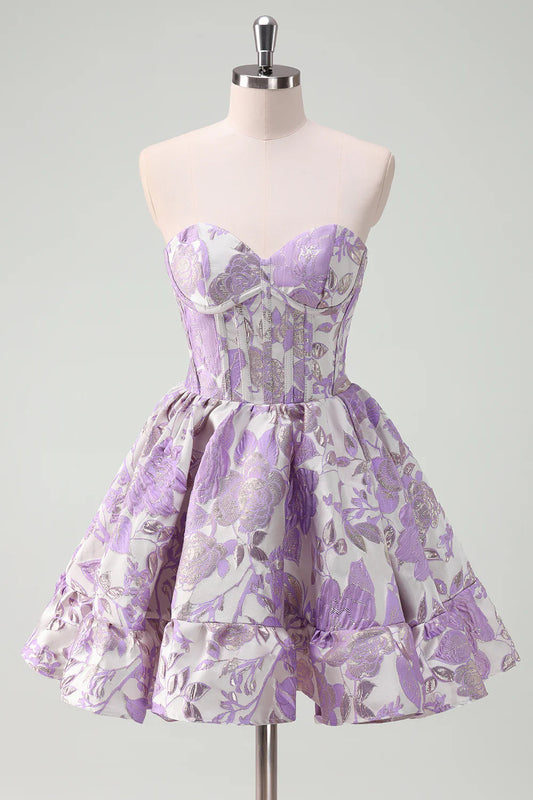 Strapless Lavender Floral Jacquard Homecoming Dress with Sweetheart Neckline, Corset Bodice and Tiered Ruffle Skirt