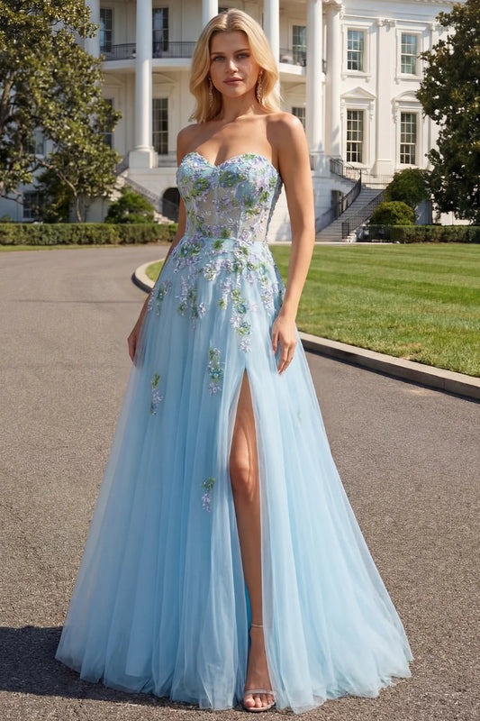 Strapless Light Blue Floral Lace Prom Dress with Sweetheart Neckline, Sheer Corset Bodice, Lace-Up Back and High Slit Tulle Skirt