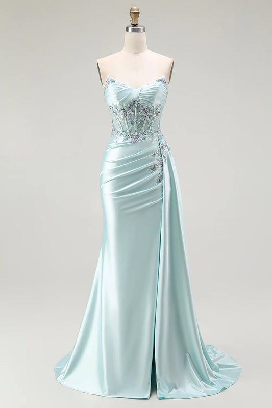 Strapless Mint Green Satin Mermaid Prom Dress with Sheer Floral Beaded Corset Bodice and High Slit