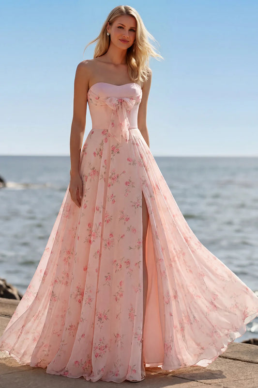 Strapless Pink Floral Chiffon Prom Dress with Sweetheart Neckline, Corset Bodice, Bow Detail and High Slit A-Line Skirt
