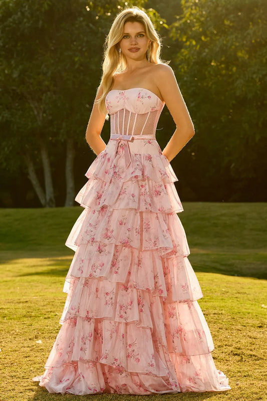 Strapless Pink Floral Print Prom Dress with Corset Bodice, Beaded Mesh Panel, Satin Waist Bow and Tiered Ruffle Chiffon Skirt