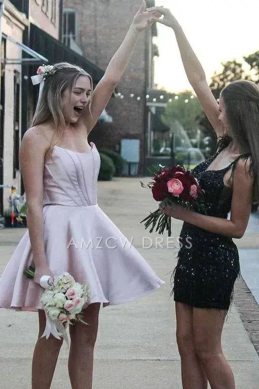 Amzcw Elegant Strapless Pink Satin A-line Short Princess Homecoming Dress formal wear dresses