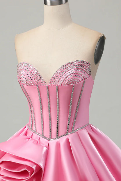 Strapless Pink Satin Homecoming Dress with Crystal Beaded Bodice, Corset Boning and 3D Floral Applique A-Line Skirt