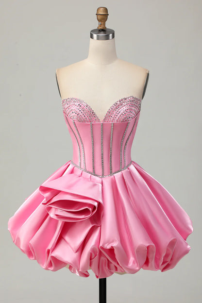 Strapless Pink Satin Homecoming Dress with Crystal Beaded Bodice, Corset Boning and 3D Floral Applique A-Line Skirt