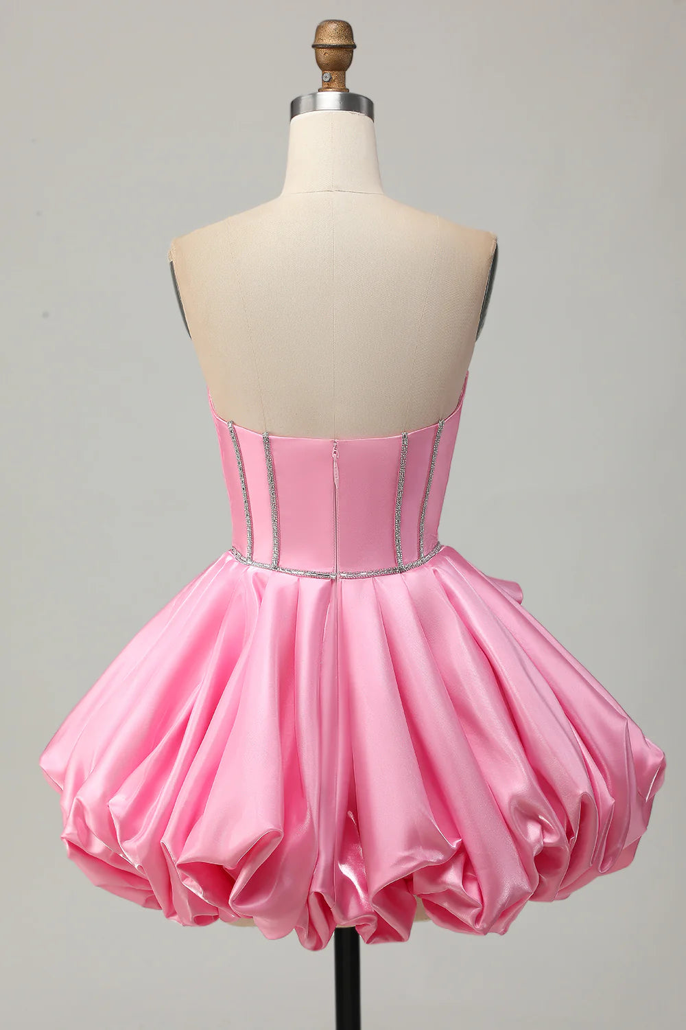 Strapless Pink Satin Homecoming Dress with Crystal Beaded Bodice, Corset Boning and 3D Floral Applique A-Line Skirt
