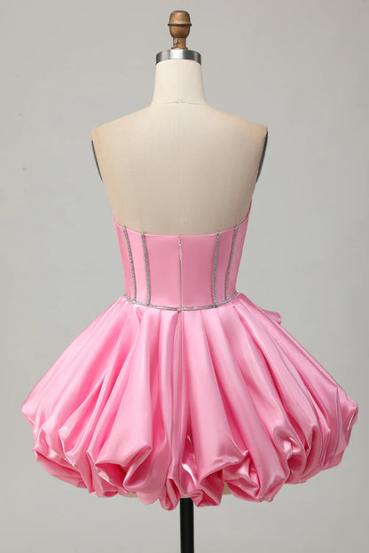 Strapless Pink Satin Homecoming Dress with Crystal Beaded Bodice, Corset Boning and 3D Floral Applique A-Line Skirt