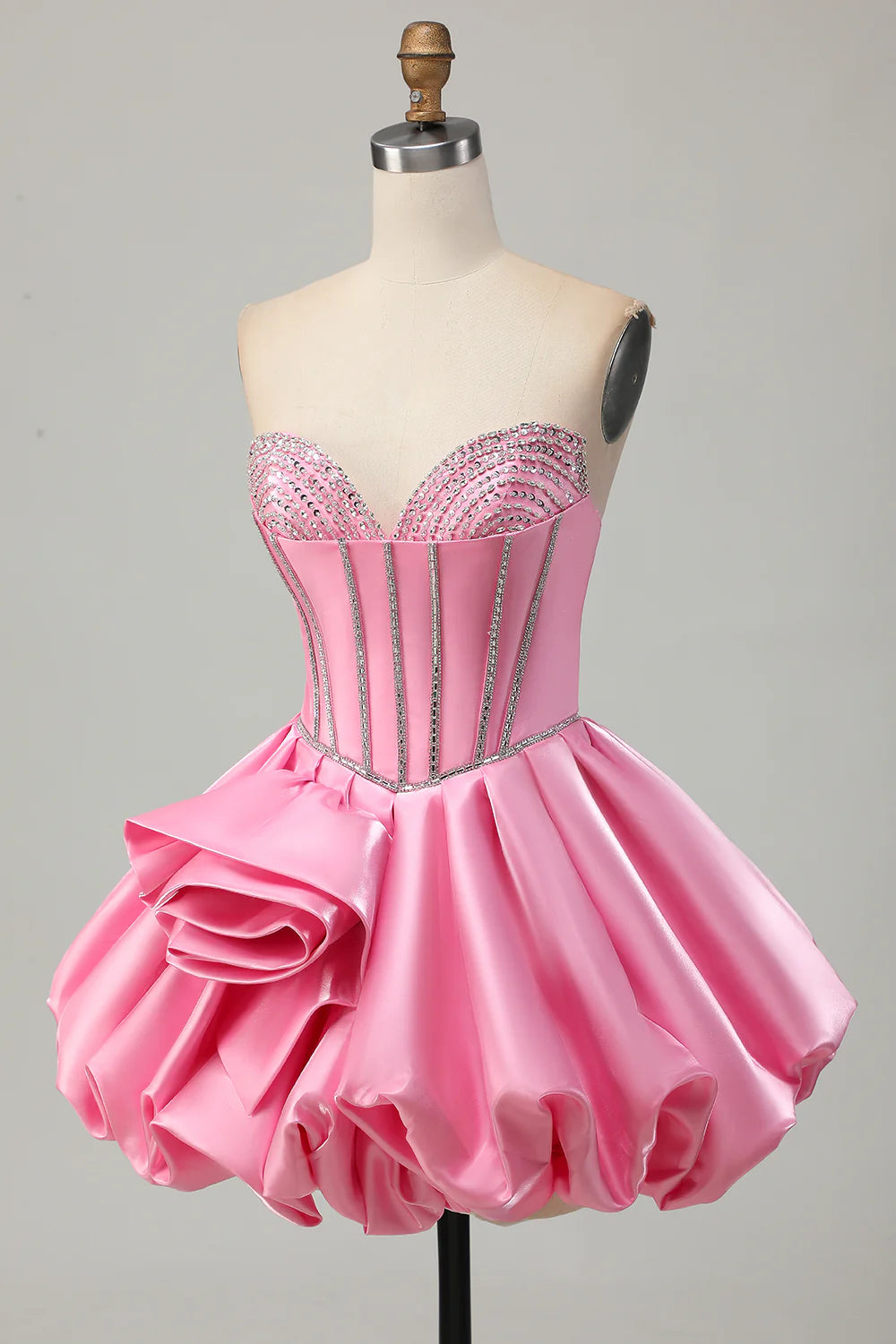 Strapless Pink Satin Homecoming Dress with Crystal Beaded Bodice, Corset Boning and 3D Floral Applique A-Line Skirt