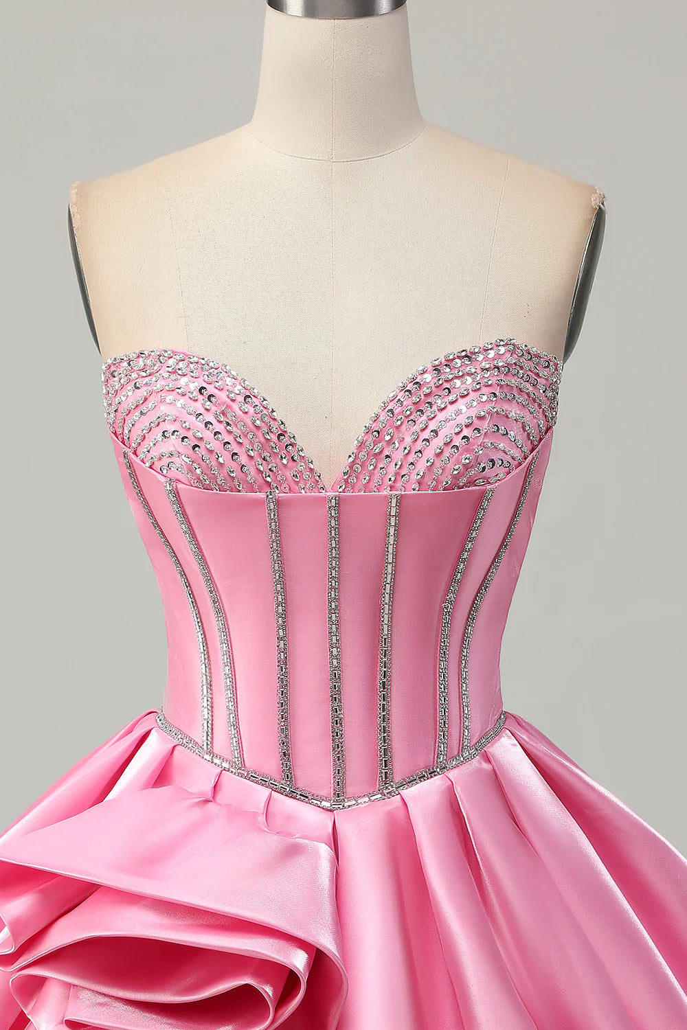 Strapless Pink Satin Homecoming Dress with Crystal Beaded Bodice, Corset Boning and 3D Floral Applique A-Line Skirt