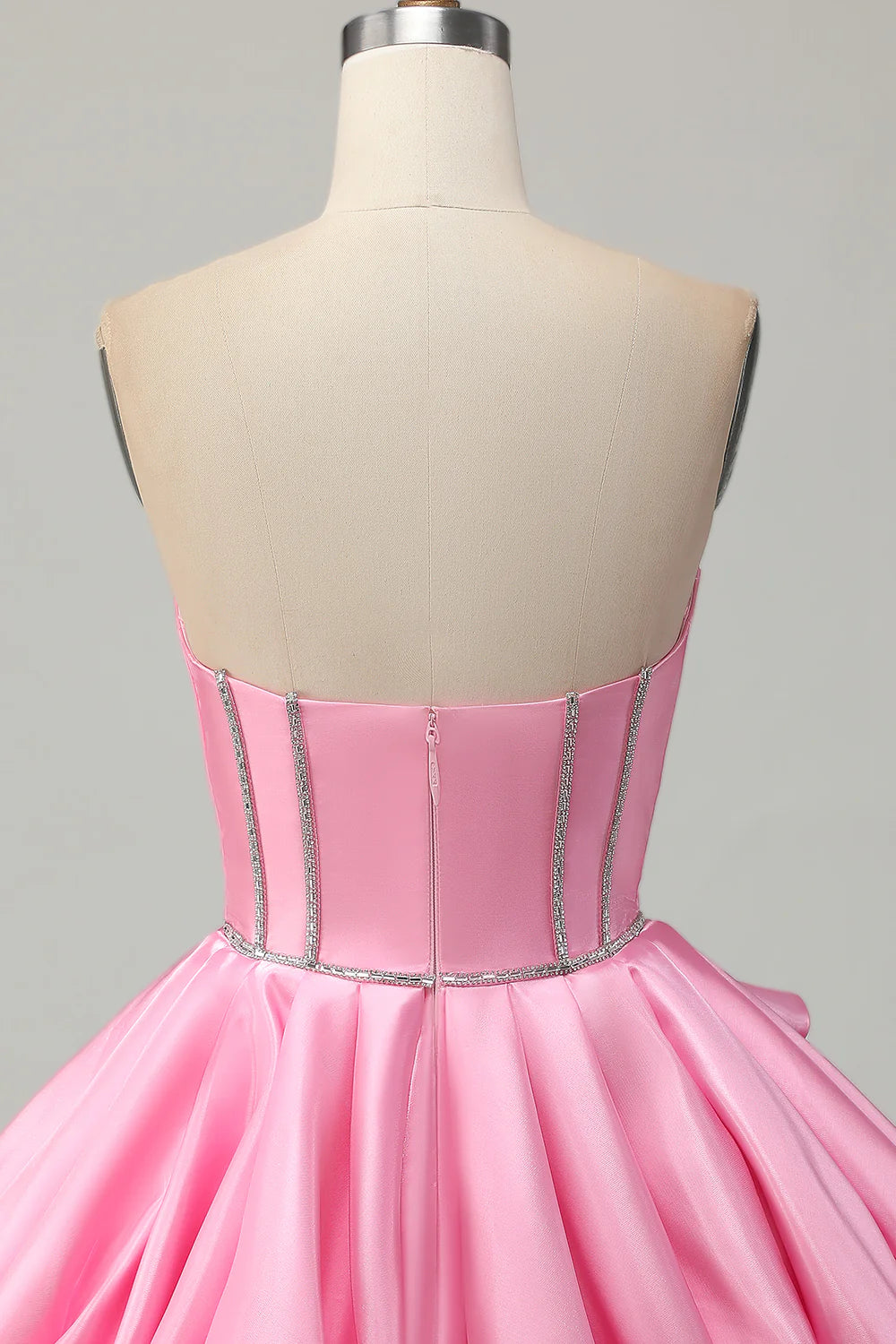 Strapless Pink Satin Homecoming Dress with Crystal Beaded Bodice, Corset Boning and 3D Floral Applique A-Line Skirt