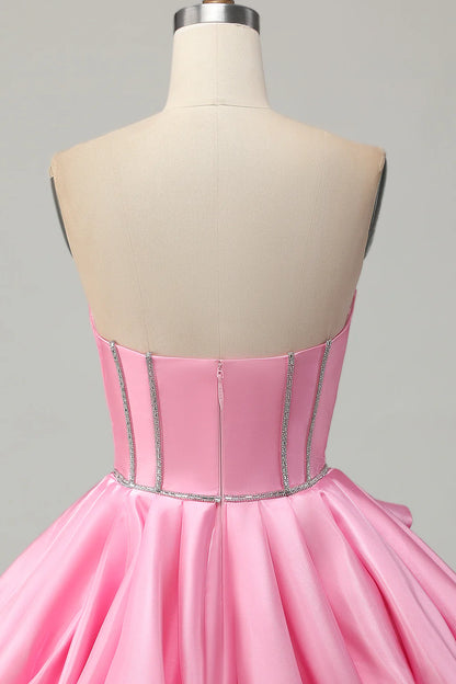 Strapless Pink Satin Homecoming Dress with Crystal Beaded Bodice, Corset Boning and 3D Floral Applique A-Line Skirt
