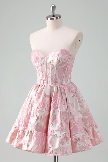 Strapless Pink White Floral Jacquard Homecoming Dress with Sweetheart Neckline, Corset Bodice and Tiered Ruffle Skirt