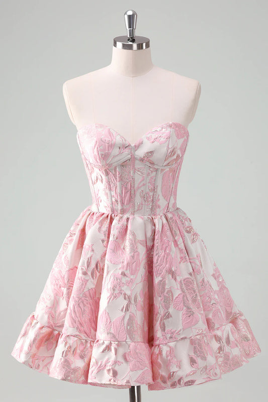Strapless Pink White Floral Jacquard Homecoming Dress with Sweetheart Neckline, Corset Bodice and Tiered Ruffle Skirt