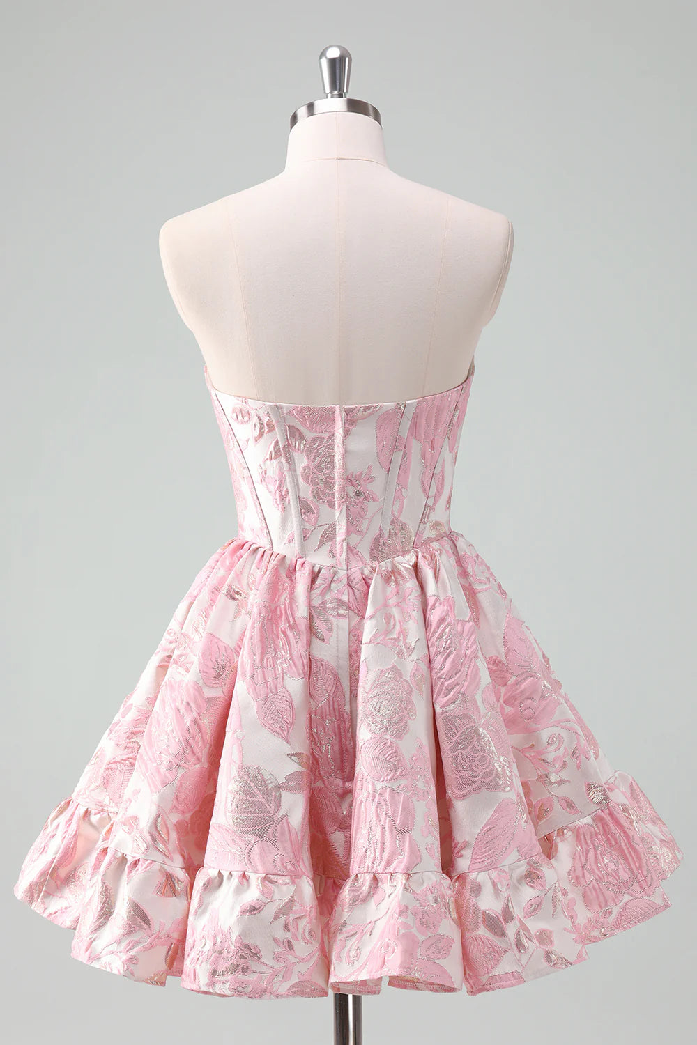 Strapless Pink White Floral Jacquard Homecoming Dress with Sweetheart Neckline, Corset Bodice and Tiered Ruffle Skirt