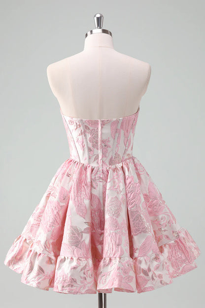 Strapless Pink White Floral Jacquard Homecoming Dress with Sweetheart Neckline, Corset Bodice and Tiered Ruffle Skirt