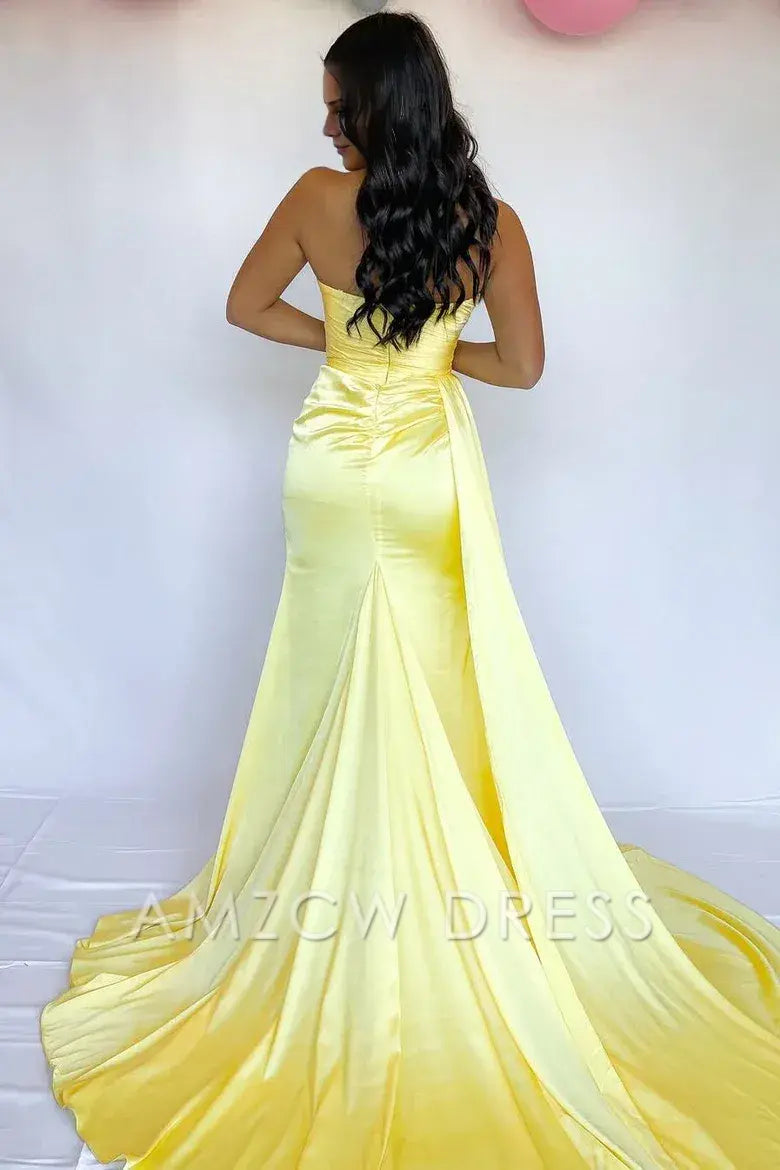 Vestido de fiesta formal de satén plisado sin mangas con abertura y sin tirantes Amzcw