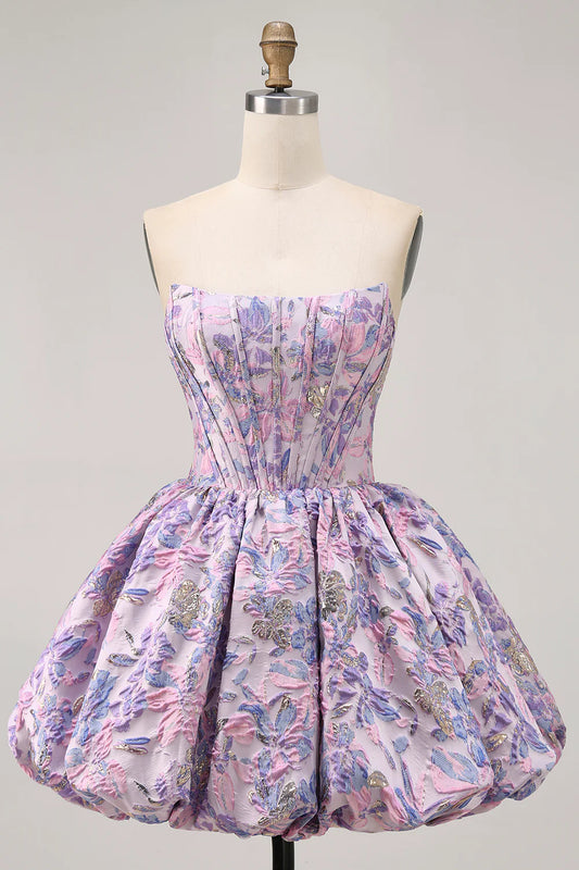Strapless Purple Floral Brocade Corset Homecoming Dress with Balloon Mini Skirt