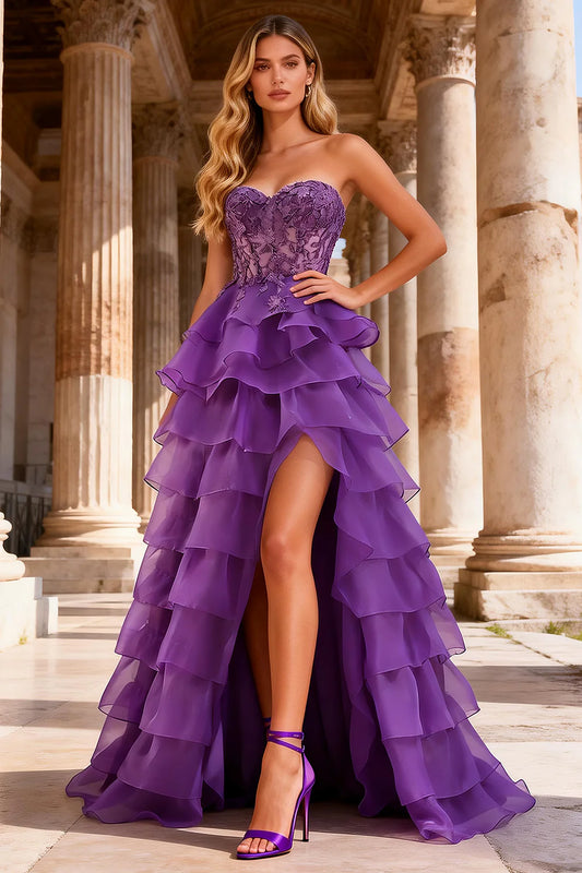 Strapless Purple Organza Prom Dress with Lace Appliqué Corset, Layered Ruffle Skirt and High Slit