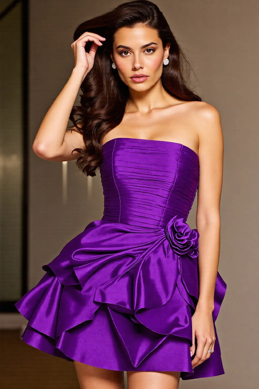 Strapless Purple Satin Homecoming Dress with Ruched Bodice, 3D Floral Accent and Tiered Ruffle Skirt
