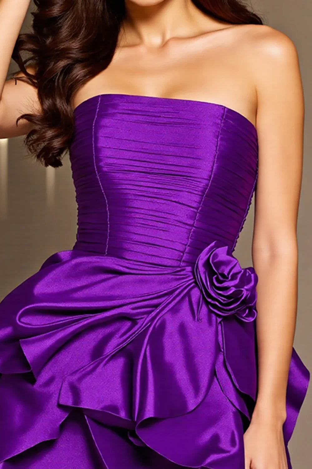 Strapless Purple Satin Homecoming Dress with Ruched Bodice, 3D Floral Accent and Tiered Ruffle Skirt
